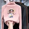 Roupa íntima infantil estampada com forro de fleece, gola alta, manga longa, quente e versátil, camiseta escovada para meninas, outono e inverno