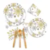Navidad Dorado y Plateado Copo de Nieve Tema Fiesta Vajilla Platos de Papel Desechables Vasos de Papel Servilletas de Papel Decoración de Fiesta Accesorios Suministros