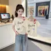 Camiseta de Verano para Niñas con Estampado de Mariposas, Asimétrica de un Hombro, Manga Corta, Top Elegante Versátil Dulce Fresco que Ceñe la Cintura para Niñas Mayores