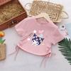 2025 Nueva Camiseta de Verano de Manga Corta para Niños Moda Coreana de Moda Top con Cordón para Niña Algodón de Verano de Cuello Redondo para Niña
