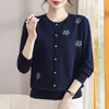 Suéter bordado cor vinho estilo casual para meia-idade, suéter de malha com estampa, manga longa, novo estilo outono e inverno, roupa para mãe, segunda pele