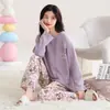 Pijama de algodón para mujer de primavera y otoño, manga larga y pantalón largo, cuello redondo, dulce y lindo, se puede usar fuera de casa, conjunto de ropa para el hogar para mujer