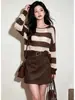 Abrigo exterior fino y elegante a rayas color café, suéter de punto holgado, nueva colección de otoño para mujer, top de alta gama
