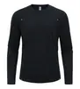 Tamanho europeu, absorvente de suor, secagem rápida, antibacteriano 7A, resistente a UV, tecido canelado 100% poliéster, camiseta esportiva de manga longa profissional