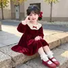 Vestido de Veludo com Laço Estilo Coreano para Meninas Outono Inverno 2026 Nova Moda Infantil Vestido Estiloso de Princesa para Menininha