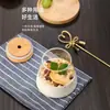 Caneca de Chá de Flores Transparente com Listras Verticais Estilo Chinês e Japonês Copo Criativo de Vidro de Borossilicato Copo para Suco Café