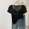 Estilo Garota Popular Design Levemente Transparente Gola V Manga Curta Botão Up Slim Fit Camiseta Feminina Verão Manga Curta Versátil Top Puro Desejo