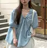 Camisa Feminina Azul com Decote V, Manga Curta e Cordão Estilo Coreano, Design de Verão com Mangas Bufantes, Blusa Solta Babydoll de Algodão e Linho