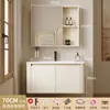 Gabinete de Baño Espacioso Engrosado Combinación Crema Lavabo de Esquina Redondeada Lavabo de Baño Lavamanos Cerámico Integrado
