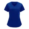 Ropa de Trabajo Estilo Enfermera Europea y Americana Transfronteriza Camisa de Color Puro Cuello en V Pantalones con Bolsillo Grande de Solapa Camiseta de Manga Corta Talla Estándar/Talla Grande para Mujer