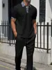 Conjunto Casual Masculino de Duas Peças Tendência Amazon Transfronteiriço com Estampa de Waffle, Gola Lapela, Manga Curta e Calça Longa