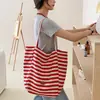 2025 Nuevo Modelo Cruzada Roja Gran Capacidad Lona Rayada Estilo Coreano Estilo Perezoso Portátil Hombro Tote Bolsa de Compras