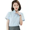 Camisa de verano fina de manga corta para mujer, ropa de trabajo profesional, cuello ajustado, camisa de sarga azul claro, camisa de manga corta para mujer