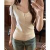 Ombro emagrecido apertado costura U-neck floral camiseta de manga curta feminina primavera e verão puro desejo bm estilo gola semiaberta falso top de duas peças