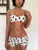 Retro Europeo y Americano Vacaciones en la Playa Aguas Termales Lunares Hottie Shorts Conjunto de Bikini Top de Cuello Halter + Pantalones Cortos de Color Sólido