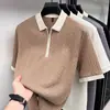 Camisa de Tricô Jacquard Respirável de Seda Gelada de Manga Curta com Gola para Homens, Estilo Coreano Tendência Slim Fit Versátil Camisa Casual Top para Homens