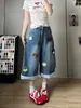 Pantalones Vaqueros Cropped Bordados Vintage Estilo Carpa de Moda para Mujer, Moda Verano 2026 Pantalones Anchos Holgados Retro