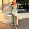 Estilo Europeu e Americano 2026 Primavera Novo Moda Feminina Cor Sólida Elegante Sexy Slim-Fit Fenda Lateral Vestido Personalizado com Babados