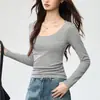 Camisa Básica de Algodão Penteado para Mulheres, Novo Estilo de Outono, Camiseta de Manga Longa com Gola U, Modelagem Justa, Versátil, Top Interno Simples de Cor Lisa