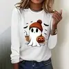 Nova T-shirt Estampada de Manga Longa com Desenho de Fantasma Cartoon para Halloween Feminina Gola Redonda Solta Casual Estilo Outono Inverno