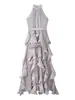 Elegante vestido largo tipo bufanda transfronterizo de estilo francés con cuello de corbata, ceñido a la cintura, dobladillo con volantes
