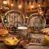 Set de vajilla para fiesta temática de vaquero del oeste, con platos de papel con diseño de madera vintage, vasos de papel y servilletas de papel, para decoraciones de fiesta de cumpleaños