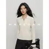 Con Jian HAVEGAN / Otoño Old Money Cuello Solapa Manga Larga Tejido Camiseta de Punto para Mujer Texturizada Ajustada Suave y Esponjosa