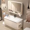 Juego de gabinete de baño color crema montado en la pared, con lavabo integrado de cerámica, adecuado para baños pequeños
