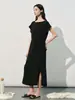 Vestido de Seda de Verão Feminino, Vestido de Seda Reto Soltinho, Cinto Simples na Cintura, Emagrecedor, Vestido Longo com Fenda