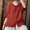 # 501 camisa feminina de algodão e linho, gola redonda, cor sólida, casual, versátil, corte solto, modeladora, novo estilo, respirável, camisa de manga média