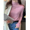 Camiseta básica de mujer con bajo de volantes para otoño e invierno 2026, nuevo jersey de punto con cuello semi-alto de tacto de alta gama, suéter de capa interior con forro polar