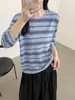 Suéter casual de punto de lana ultrafina a rayas con bloques de color y cuello redondo de manga larga, nuevo top casual ajustado para mujer otoño 2026