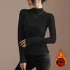 Camiseta de Manga Larga para Mujer con Cuello Medio, Estilo Occidental Plisado, Nueva para Otoño e Invierno, Ajustada, Top Interior de Terciopelo
