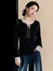Blusa feminina de outono manga longa, estilo americano, color block, gola semi-alta, botões, slim fit, plus size