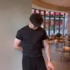 Nueva Camiseta Casual de Algodón Tejido de Canalé Doble Peso Pesado Cuello Redondo Pequeño Holgada Color Sólido Transpirable Puño Manga Corta Cuatro Estaciones