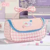 Estuche de Lápices de Mano de Cuadros Suaves Estilo Japonés con Hebilla de Estrella Crema, Lindo y Elegante, Caja de Papelería de Gran Capacidad para Estudiantes de Primaria