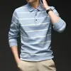 Camisa Masculina de Algodão 60t de Manga Longa para Primavera e Outono com Gola Reversível, Camisa Polo Listrada Casual, Blusa Casual para Homens de Meia-Idade