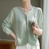 V-Neck malha exterior ar-condicionado camisa feminina primavera e verão novo estilo francês luz linho de luxo protetor solar pequeno cardigan fino top