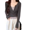 Top de Punto de Contraste de Estilo Coreano Falso de Dos Piezas para Mujer Primavera y Otoño Cuello Medio Abierto Commuter para Usar Interior o Exterior Camiseta Top de Hombro