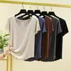 Camiseta base de manga corta para mujer, color liso, con volantes, holgada, sin costuras, talla grande, cuello redondo