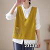 Colete Tricotado de Renda Artística Vintage para Primavera e Outono com Bolso e Decote V Feminino Solto Emagrecedor de Lã