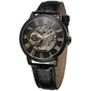 Reloj Mecánico Manual de Moda Retro Transparente Calado para Hombre Forsining con Correa Negra, Caja Dorada y Esfera Blanca