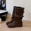 Botas Retro de Pierna Ancha Botas Largas Mujer 2026 Otoño/Invierno Nuevas Botas de Caña Alta Arrugadas Estilo Chica Caliente Británico Botas de Montar de Media Pantorrilla