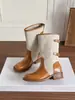 Versión de piel de oveja~Botas vaqueras occidentales patchwork de estilo vintage nuevo con suelas gruesas, correas de hebilla, caña alta, tacón grueso, botas de montar mid-short para mujer