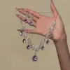 Lujoso collar y pendientes de gota de agua de diamante morado brillante, elegante, lujo ligero, exquisitos y hermosos, versátiles para vestidos, cadena para la clavícula