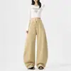 Calça Cargo Tendência Outono/Inverno 2026 em Verde Militar, Jeans Casual de Algodão Lavado tipo Foice para Mulheres, Modelagem Solta, Pregueado, Único e Confortável