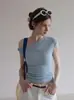 Camiseta feminina azul estilo coreano, de um ombro só, justa, manga curta, única e bonita, top modelador para o verão 2030