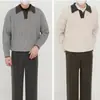 Retrô Estilo Old Money Blusa de Gola Alta em Tricô Canelado Color Block Masculina Casual Estilo Preguiçoso Malha Solta Outono Inverno
