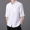 Camisa de Verano Fina de Algodón y Lino de Siete Puntos de Manga Corta para Hombre Holgada Casual de Cinco Puntos Media Manga Cuello Vertical Forro Top de Moda Ropa