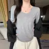 2806 Camiseta de Manga Larga con Cuello en U y Hombro Normal de Acrílico para Mujer, Principios de Otoño, Corte Delgado, Efecto Adelgazante, Versátil, Color Sólido, Camiseta Interior Base de Lyocell